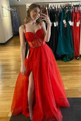 Glitter Red Straps Beaded A-Line Formal Dress with Slit